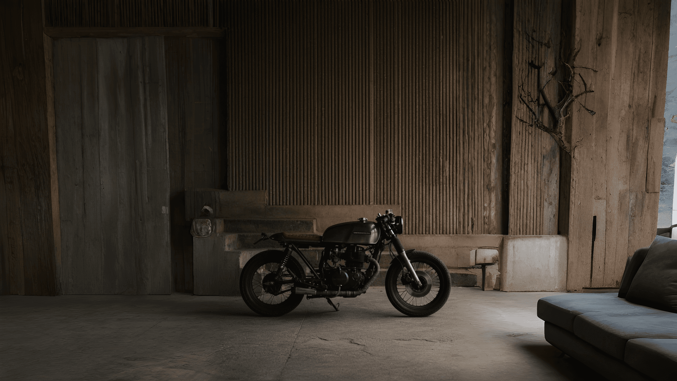 Motorcycle in a livingroom.