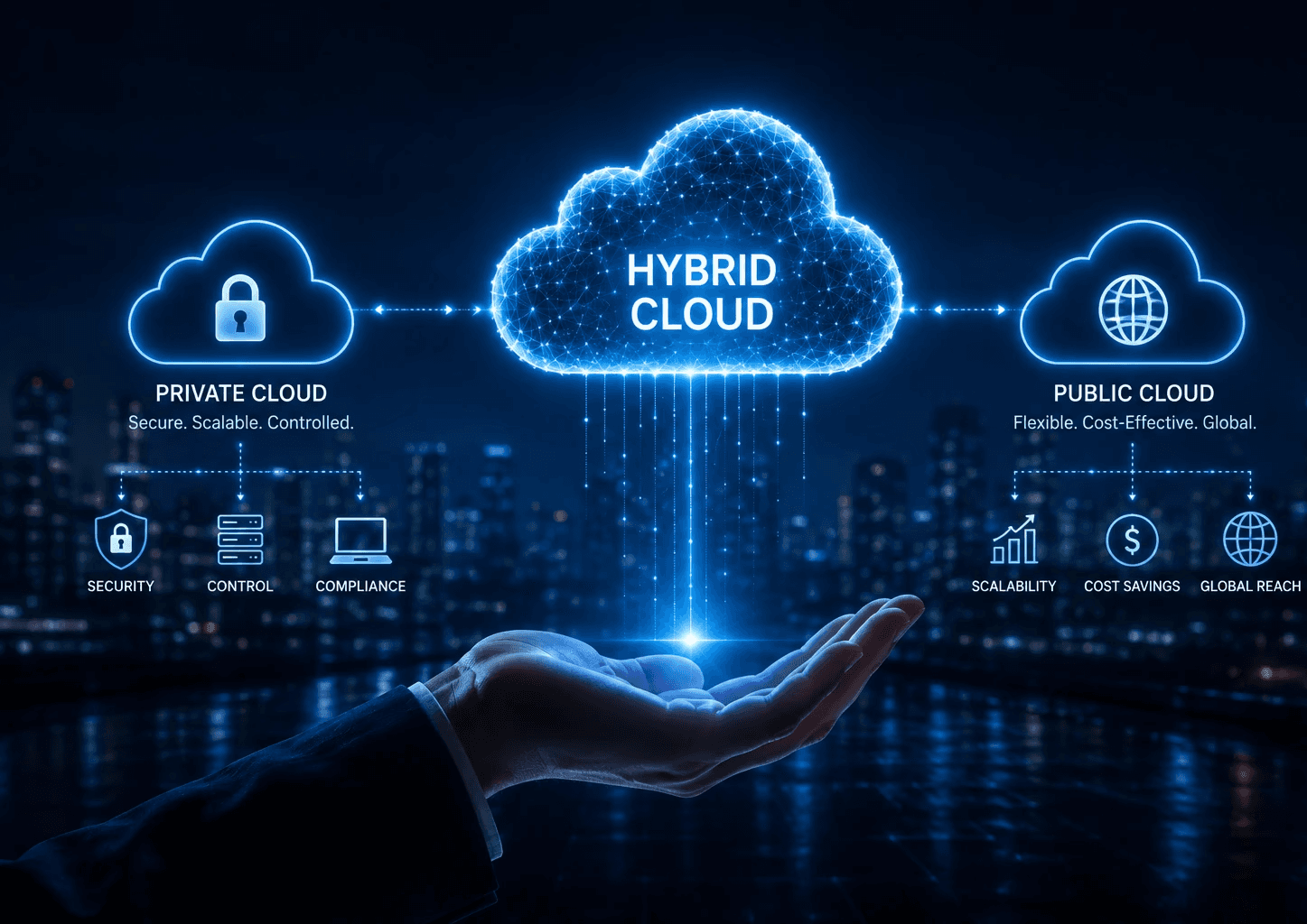Cloud data chip representing private and public cloud services