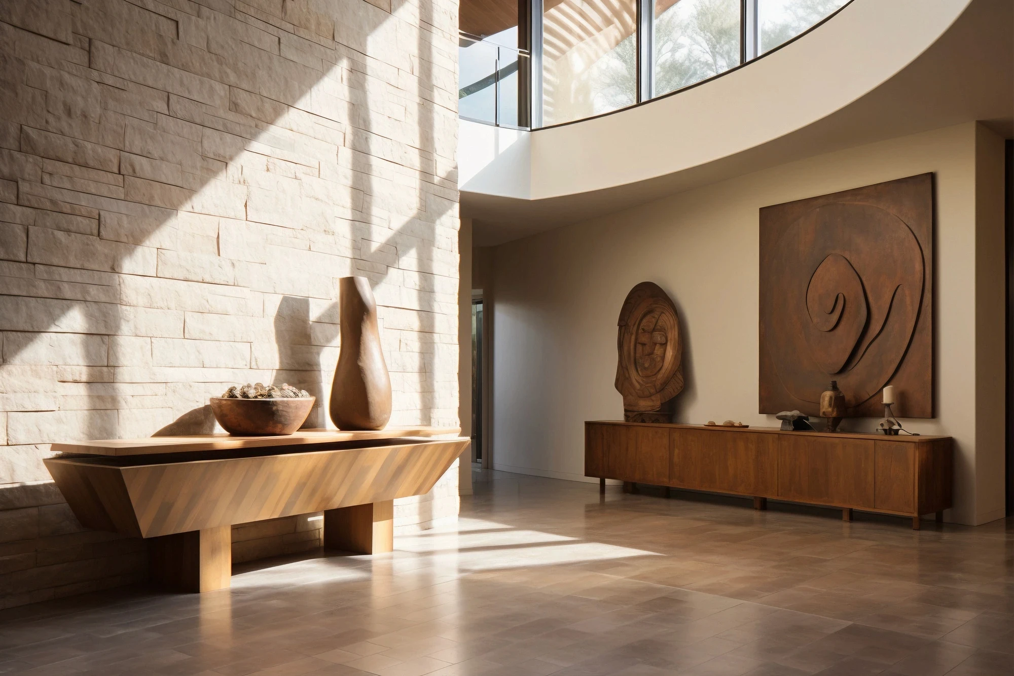 Rustic entryway with a wooden console table under bright, direct sunlight shadows.