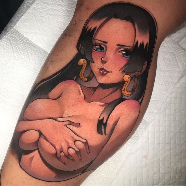 A tattoo of Boa Hancock by Sean Rouse, capturing her timeless beauty and elegant stance with intricate shading and attention to detail