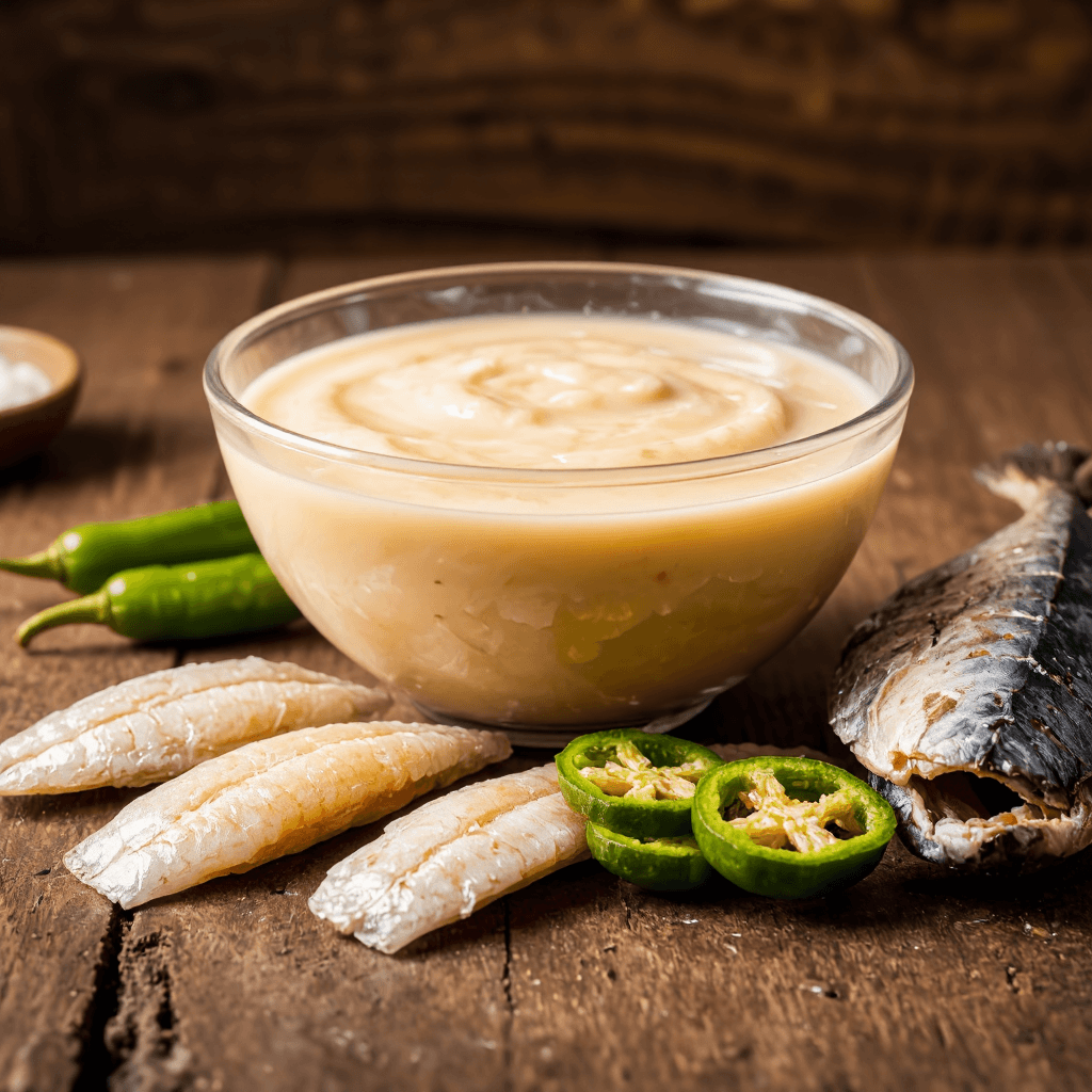 product photography of a bowl of sauce with dried fish and green chilies