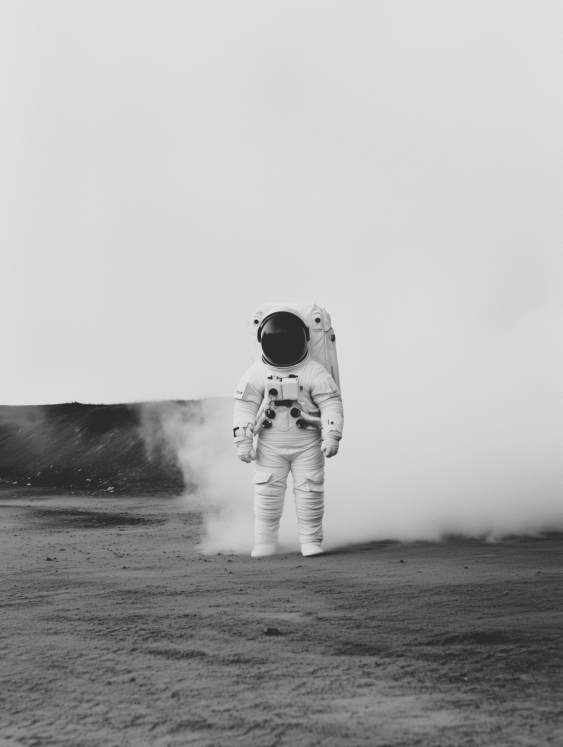 An astronaut standing with a BW photo