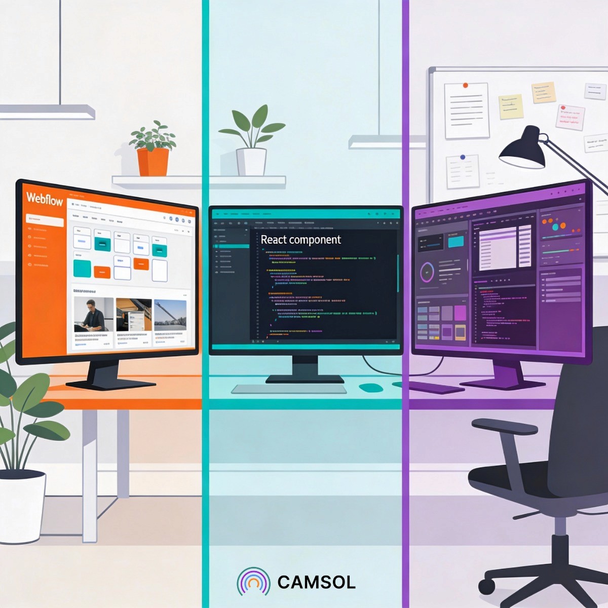 Three computer workstations display different screens: a website, code editor, and design interface. Background includes plants, a memo board, and soft lighting.