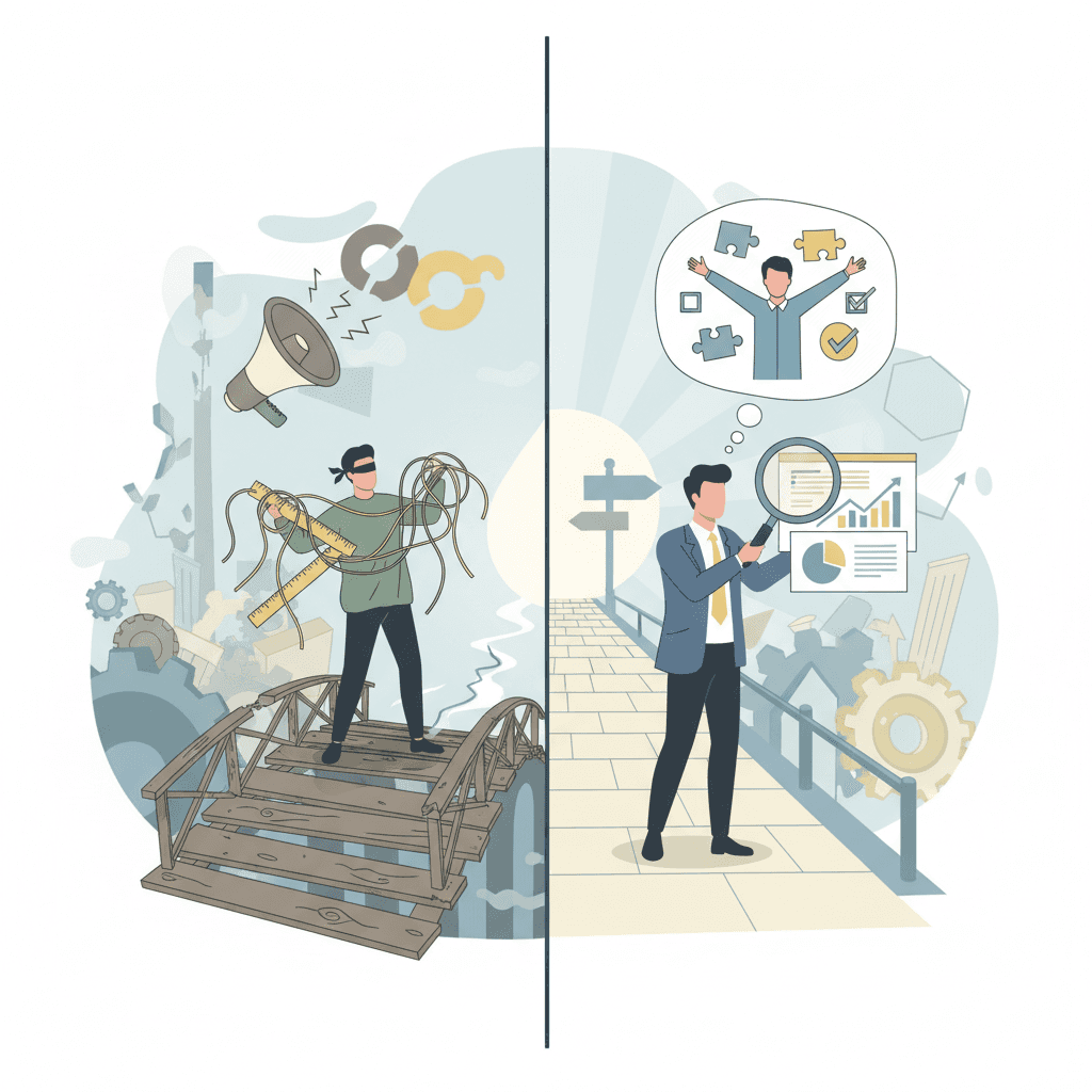 Conceptual illustration. On the left, a cluttered, confused scene: a broken bridge leading nowhere, a blindfolded person trying to measure with tangled strings, and a megaphone shouting generic slogans. On the right, a clear, optimized scene: a well-lit, direct path with a clear signpost 'NEXT STEP', a person using a magnifying glass to analyze clear charts and data, and a thought bubble showing a satisfied user finding a solution. Use distinct 'before' and 'after' visual separation, focusing on problem/solution contrast. Clean, professional, slightly muted color palette. No text, logos, or brand names.