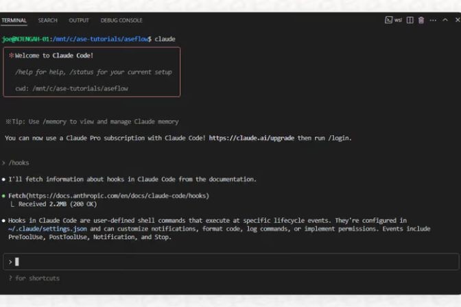 Terminal de Claude Code mostrando una consulta sobre hooks y documentación técnica.