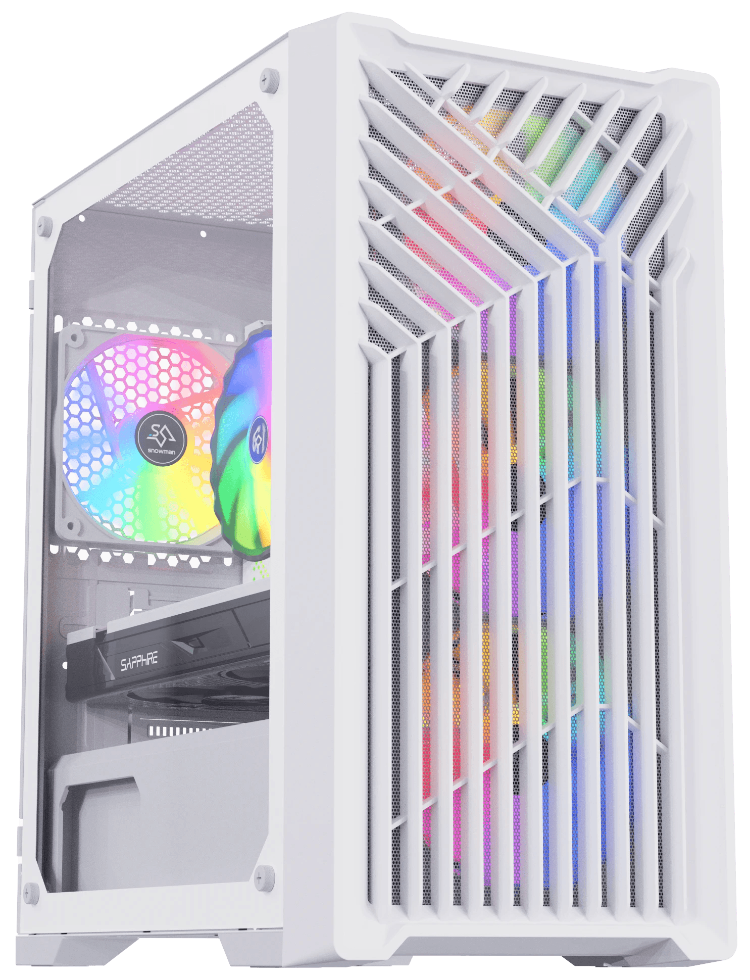 View of a white gaming PC featuring two vibrant RGB cooling fans with an aesthetically designed mesh front panel. This setup highlights its superior airflow and modern look, making it an excellent choice for gamers who prioritize both performance and visual appeal in their custom-built 2023 gaming PCs.