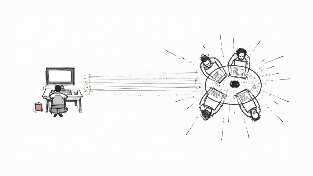 A team of video editors working collaboratively in a modern office environment.