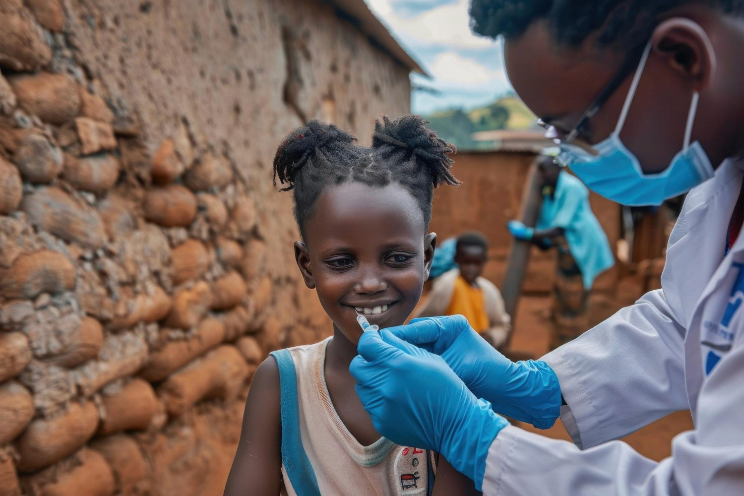 Three children walk along a dirt path.