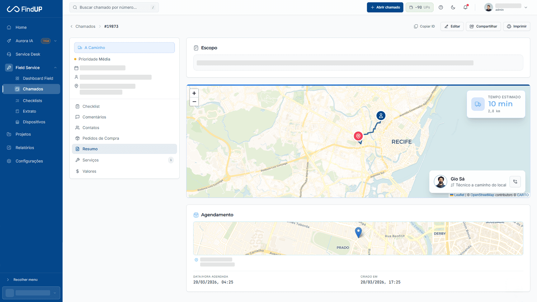 Interface do portal FindUP com gráficos de desempenho, acompanhamento de chamados e localização de técnicos em campo