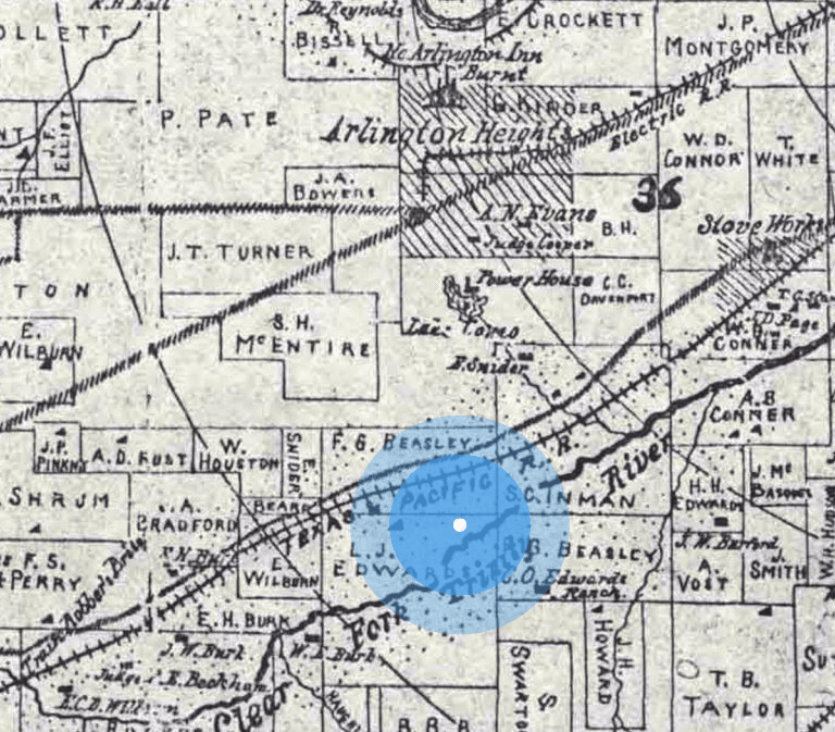 An 1895 map of Tarrant County with the Edwards land along the Trinity River circled