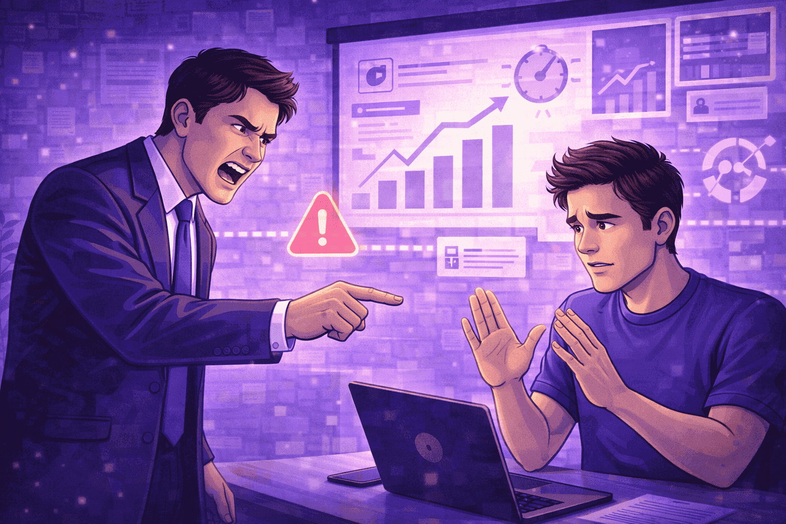 Manager angrily pointing at an employee while referencing performance dashboards and monitoring data on a screen, with the employee looking defensive and overwhelmed.