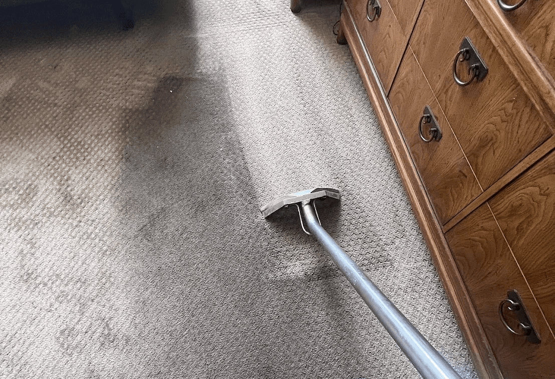 Wooden floor being cleaned with a blue steam cleaning machine.