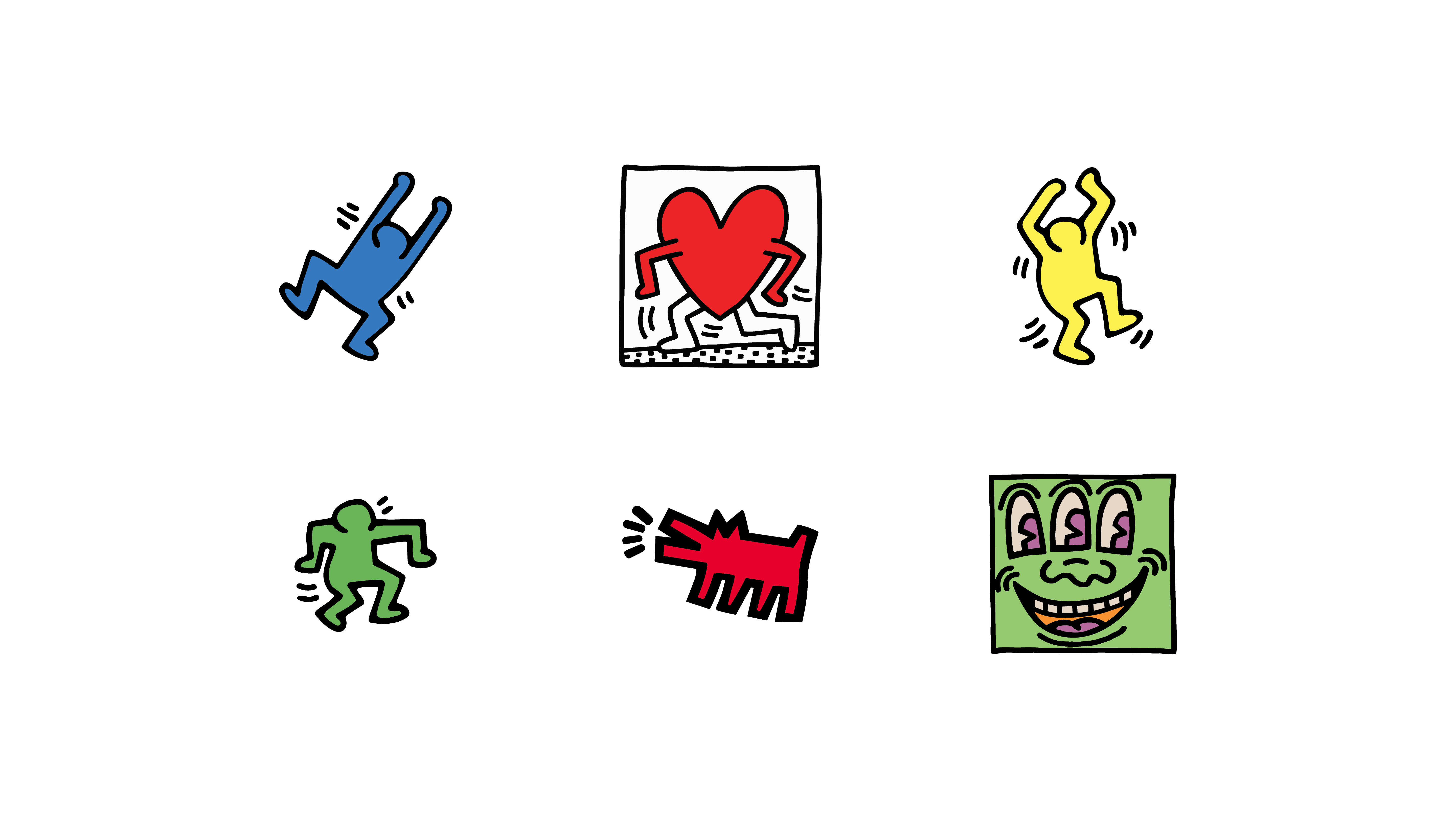 Several isolated Keith Haring figures and symbols appear spaced apart on a white background.
