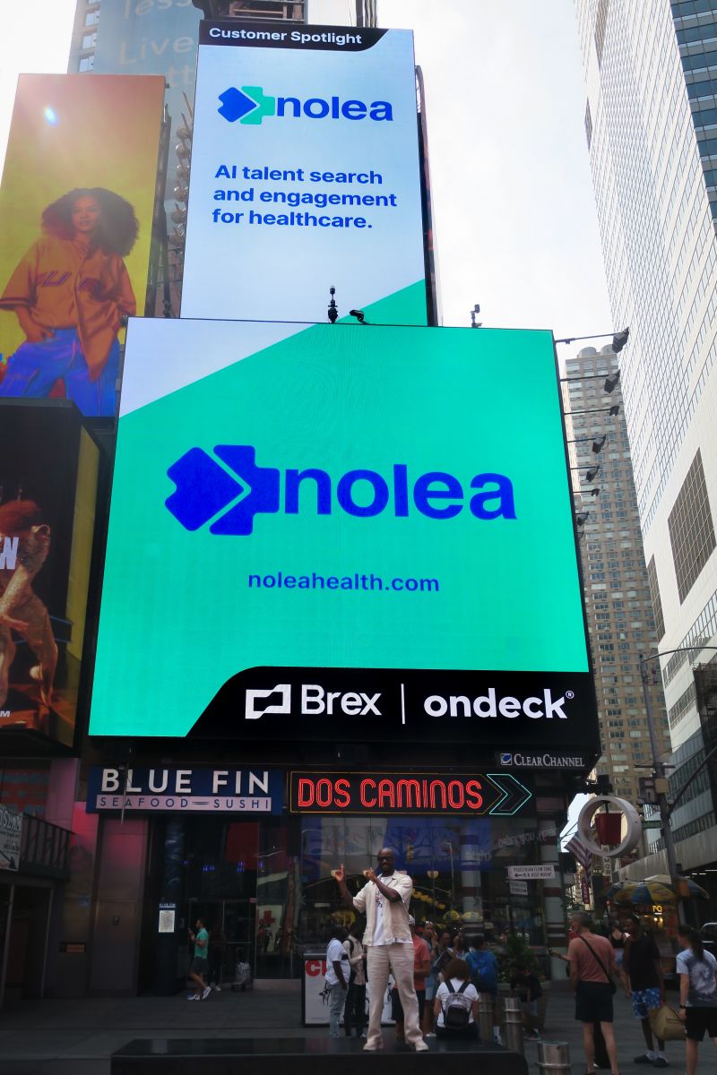 Billboard in Times Square, New York City, displaying Nolea's AI-powered healthcare recruitment platform. The vibrant advertisement highlights Nolea's mission to connect healthcare professionals with hiring teams, set against the iconic backdrop of Times Square's bright lights and bustling energy.