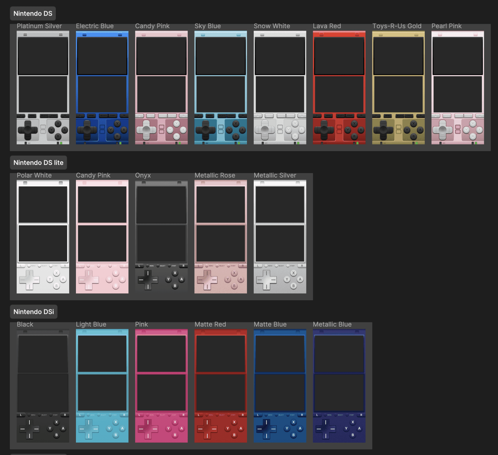 An image of various DS, DS Lite, and DSi models and colors.