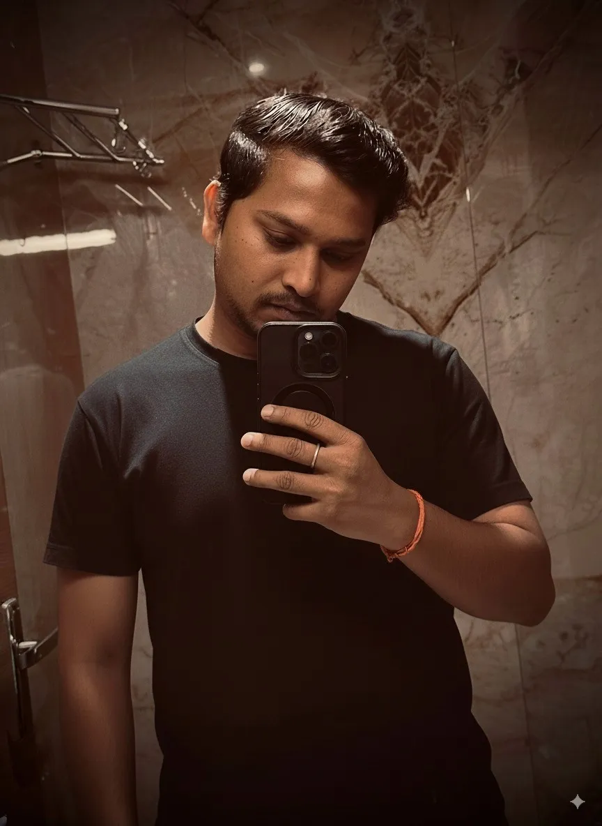 Man in black t-shirt taking a mirror selfie.