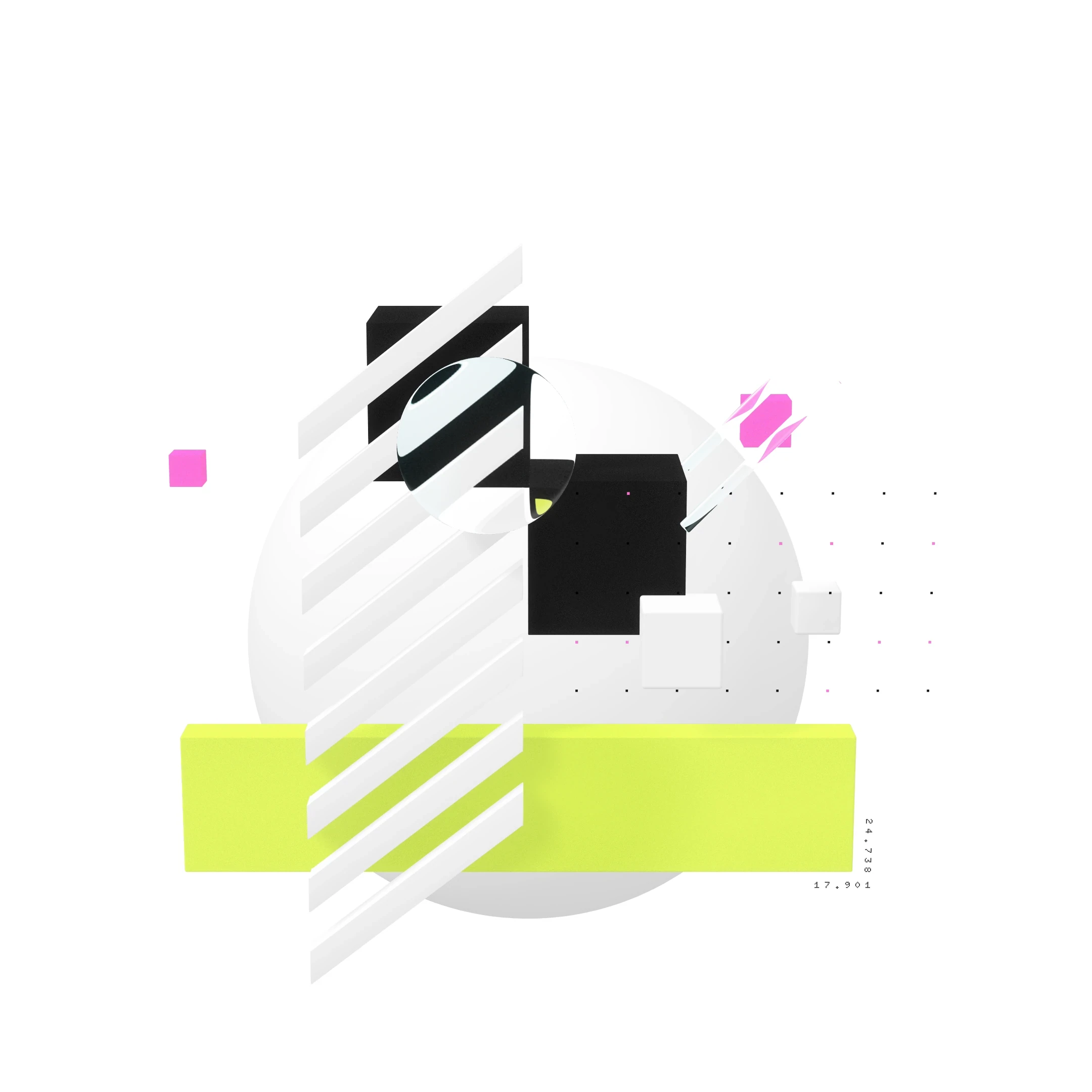 Abstract geometric design with a white sphere, diagonal striped elements, a neon yellow-green rectangle, and scattered pink and black shapes.