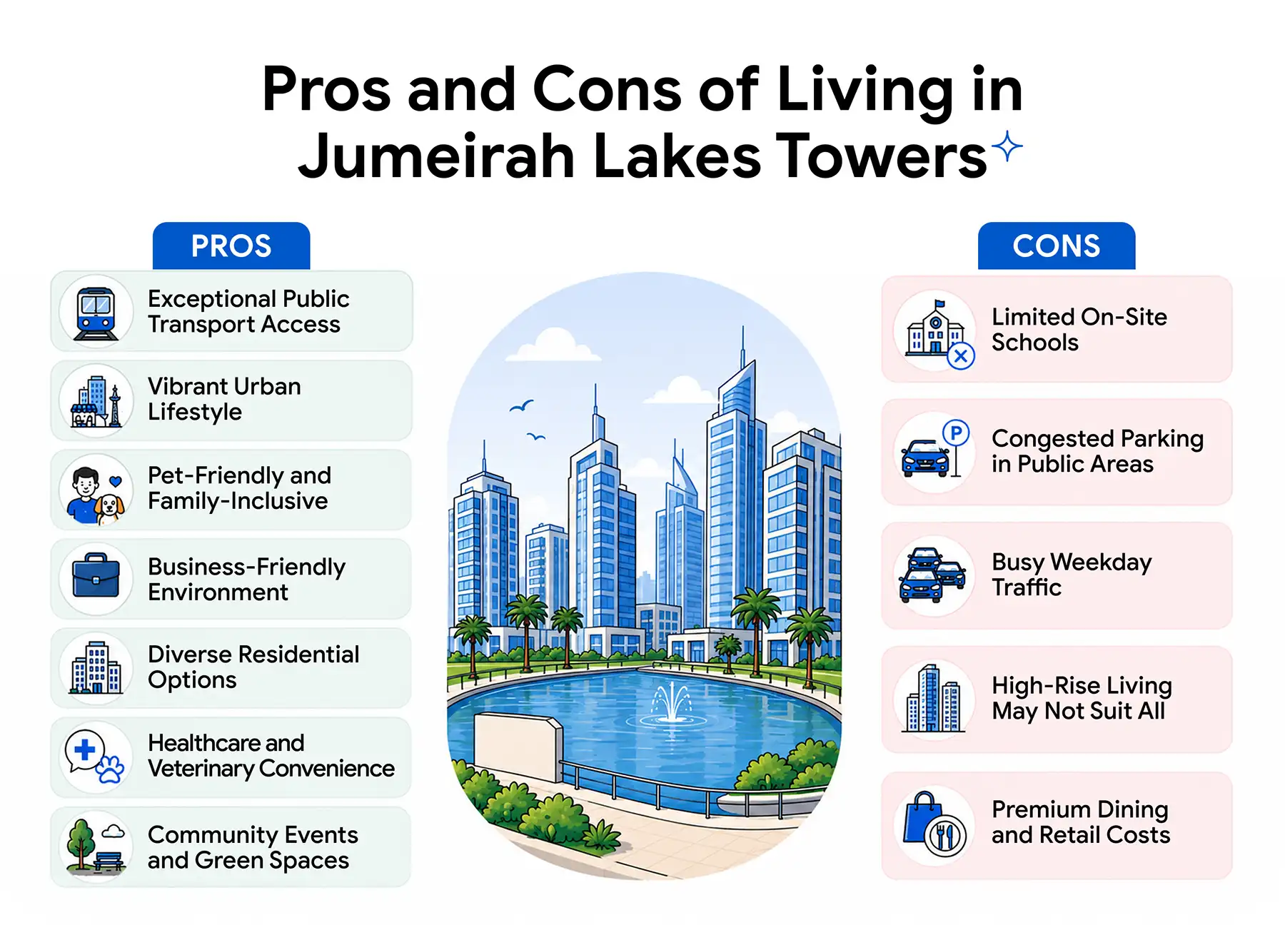 A table displaying the main pros and cons of JLT living.