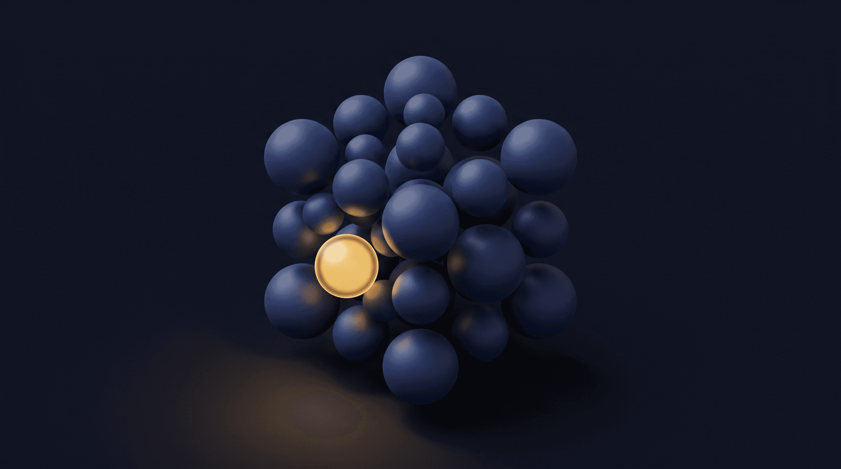 A keyword cluster drawn as a group of dark spheres with one glowing gold: the single target keyword a clinic page should be built around.