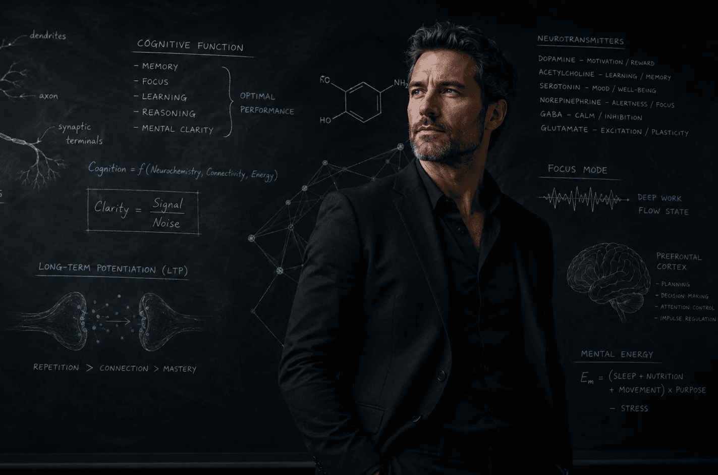 Man in a dark suit standing before a chalkboard diagram of neurons, cognitive function, and neurotransmitter pathways, representing focus and mental clarity