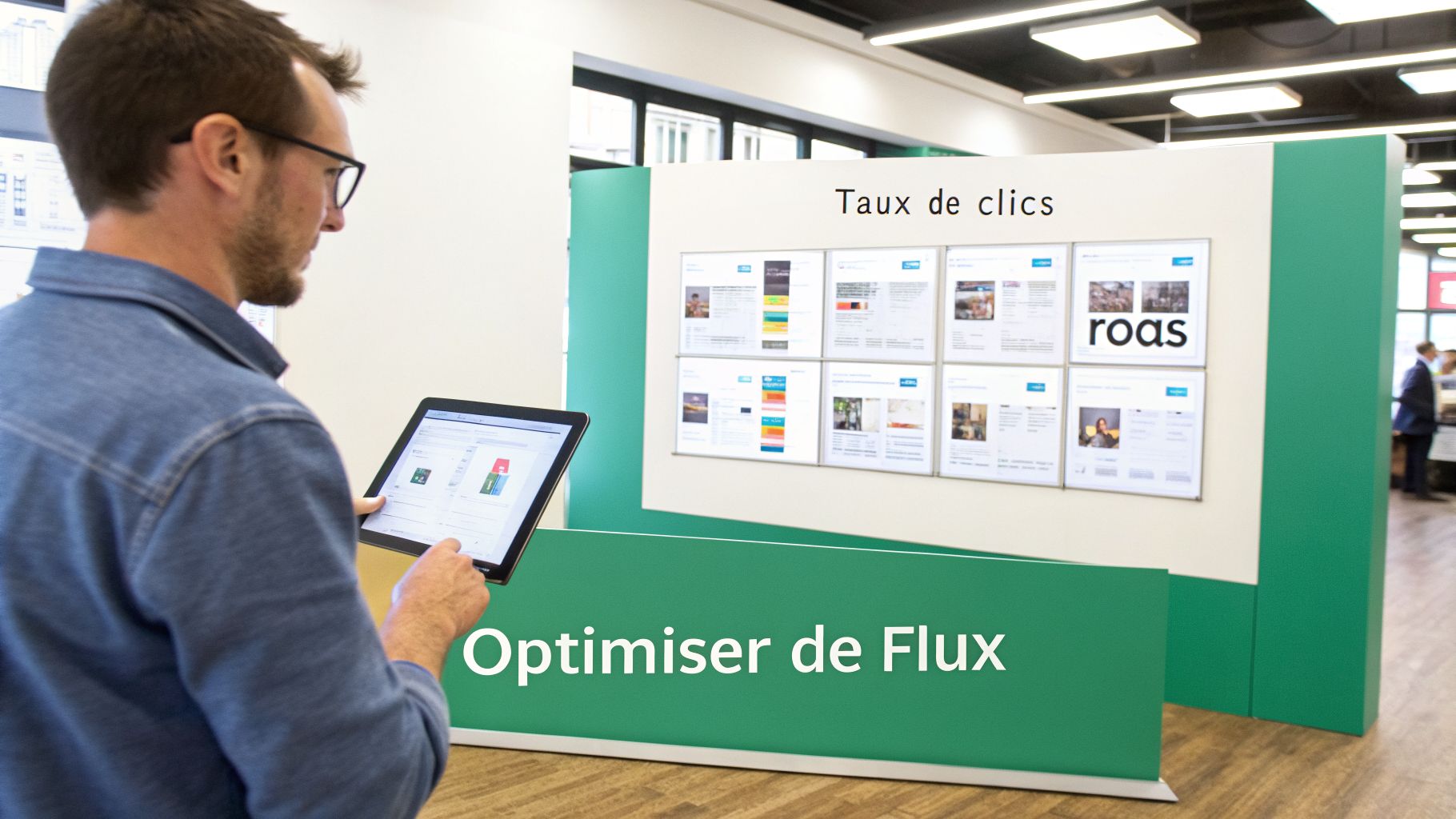 Un homme utilise une tablette pour analyser des données, devant un écran affichant des taux de clics et l'optimisation des flux.