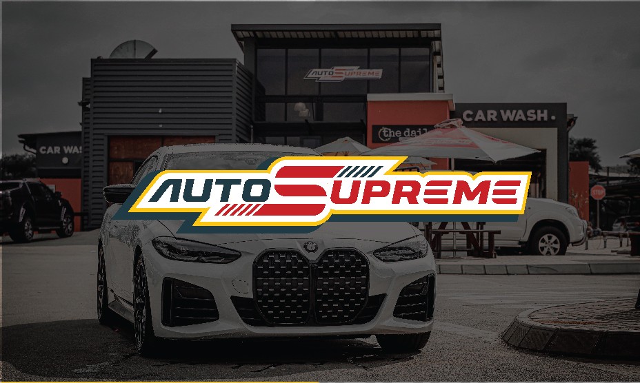 Branded sports car visual with central Auto Supreme logo created as part of a premium automotive identity design
