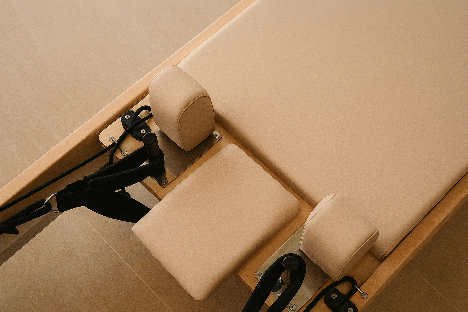 Close-up of a Pilates reformer machine with adjustable straps and carriage.
