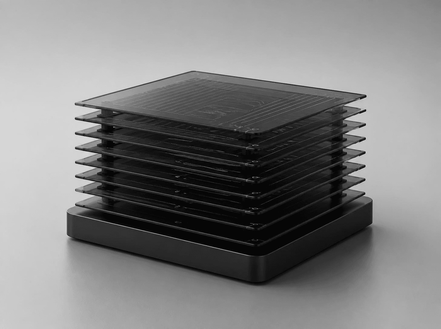 Pila de placas de vidrio oscuro sobre base negra, render monocromo
