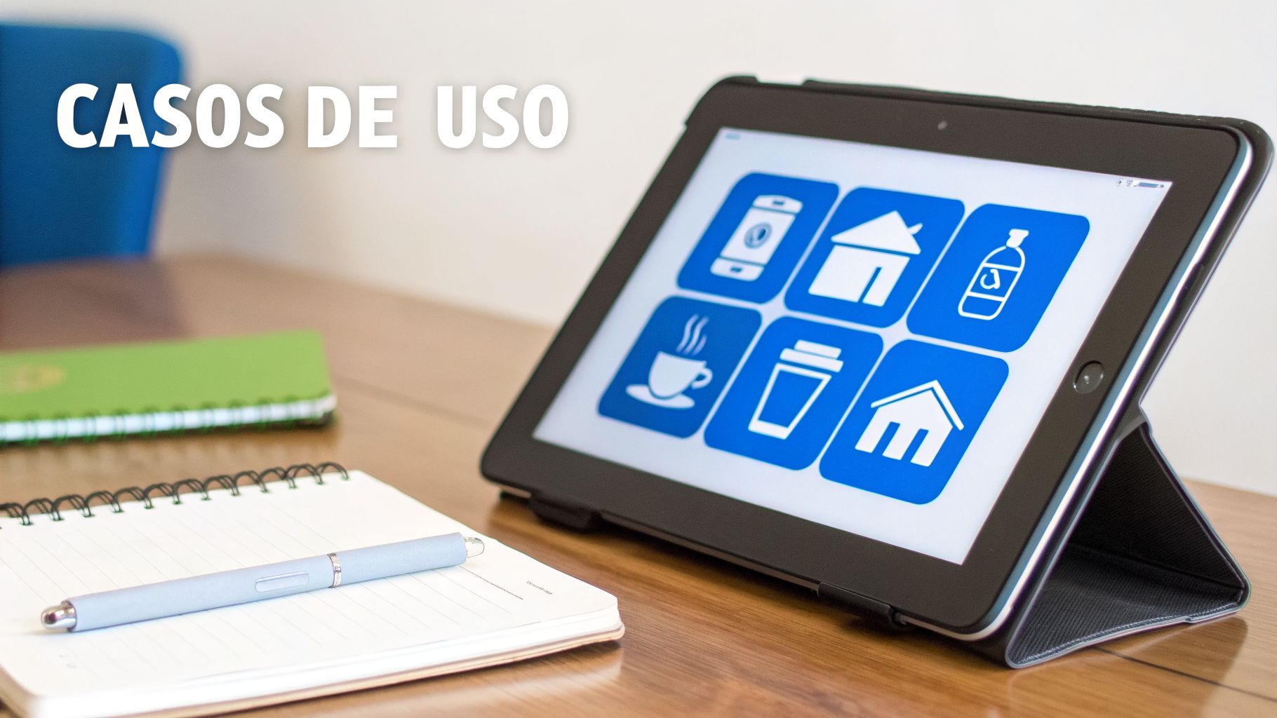 Una tableta con iconos de aplicaciones y texto 'CASOS DE USO' sobre una mesa de madera con un cuaderno y un bolígrafo.