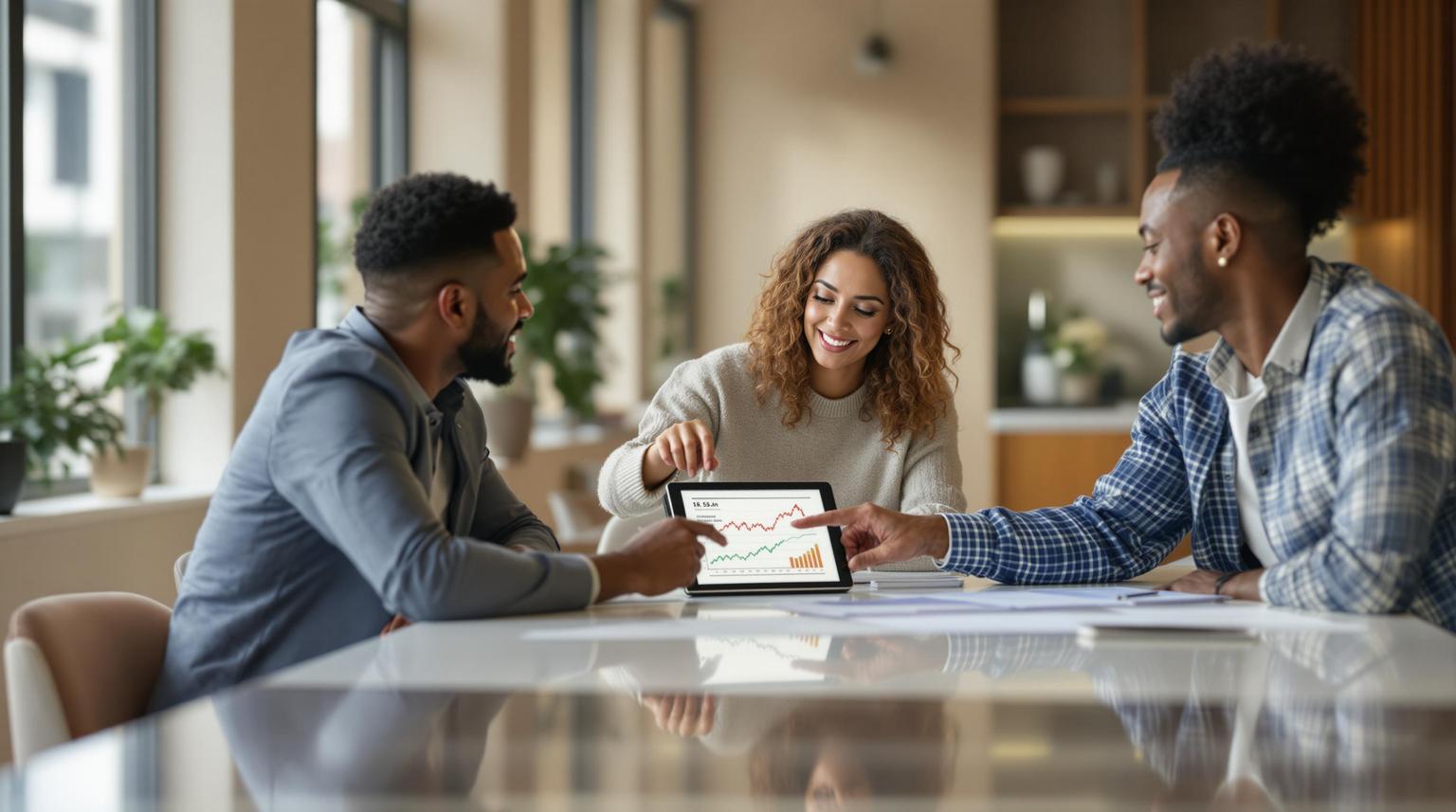 Three coworkers reviewing information on a tablet at a conference table