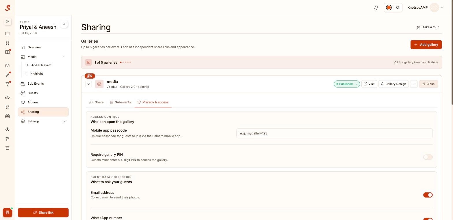 Samaro Access Control settings for a gallery, showing mobile app passcode and Require gallery PIN options