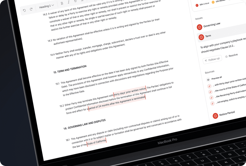 Screenshot of Pocketlaw AI contract review software interface displaying a cookie policy document. The AI assistant PLAI provides suggested rewrites in a sidebar for clauses concerning non-EU countries' operations and cookie usage on servers. The interface allows accepting or rejecting PLAI’s proposed clause edits to align the document with company guidelines.