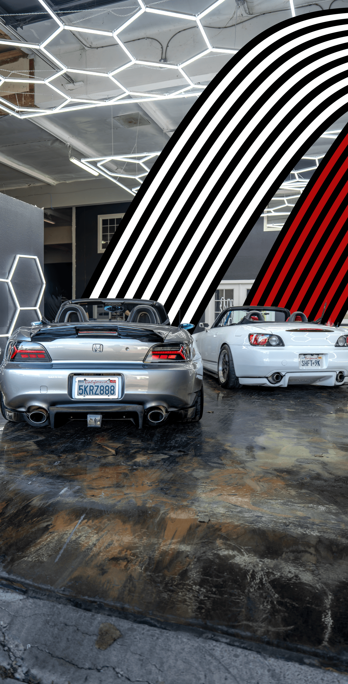 Icon Rocklear permanent paint protection on a silver and a white Honda S2000, rear three-quarter view, Dragon Auto Milpitas