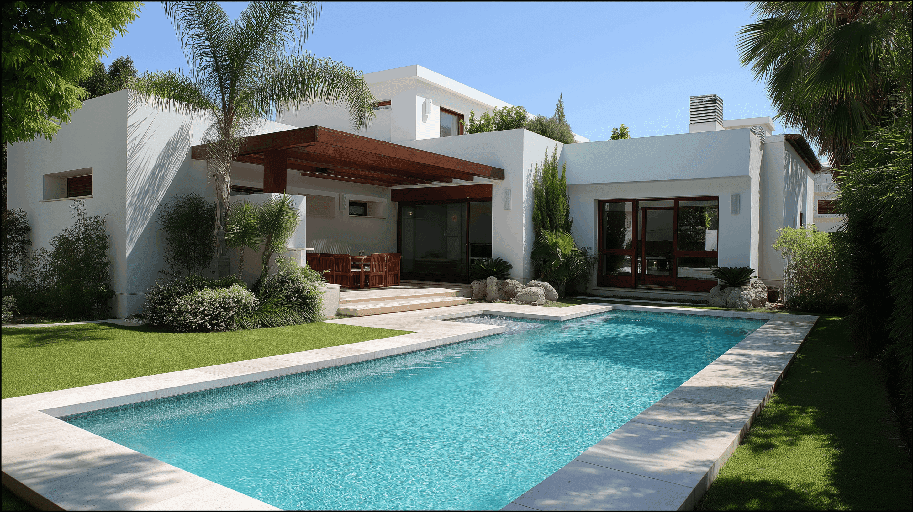 A luxurious two-story white villa with smooth, rounded architectural lines and wide arched openings. A large outdoor patio with seating is shaded by the building's overhang. In the foreground, a calm swimming pool reflects the warm tones of the architecture and the soft daylight, surrounded by minimalist landscaping and olive trees.