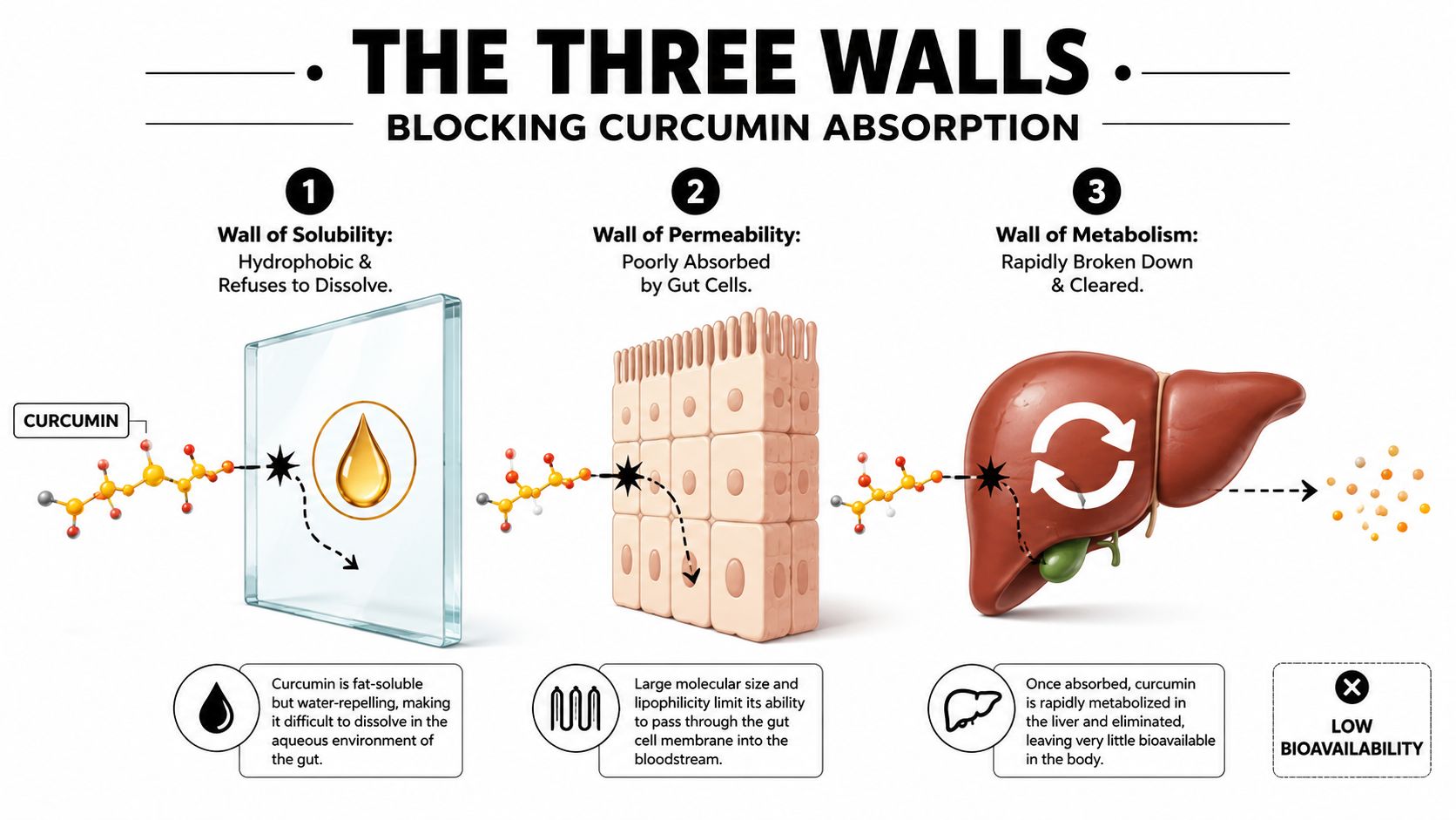 An infographic showing the three biological barriers that limit the absorption and bioavailability of curcumin in humans.