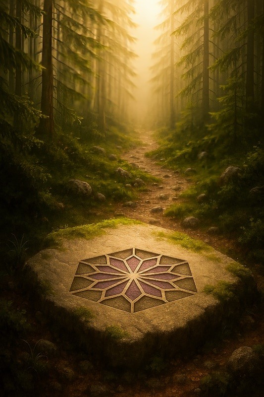 tone engraved with the Seven Life Areas flower symbol in a forest path, glowing in golden light — representing awakening and guidance.