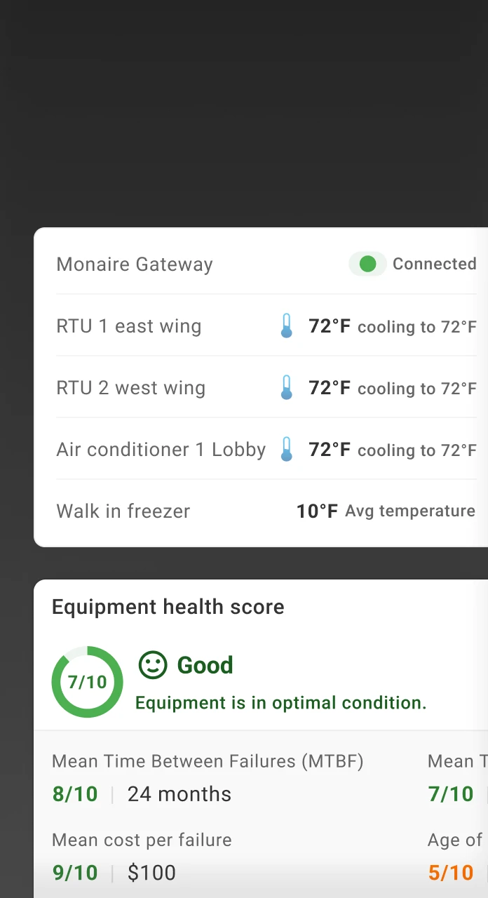 HVAC asset health panel with equipment scores and repair history for multi-site operators