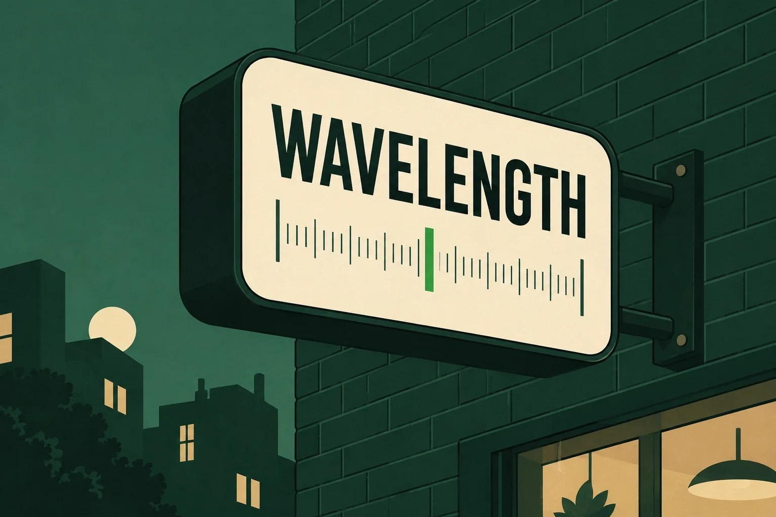 An original cream projecting radio-station sign on a dark green brick wall, exact name WAVELENGTH, minimal tuning-scale graphic