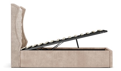 Side view 3D render of storage bed with lift-up mechanism and internal frame structure