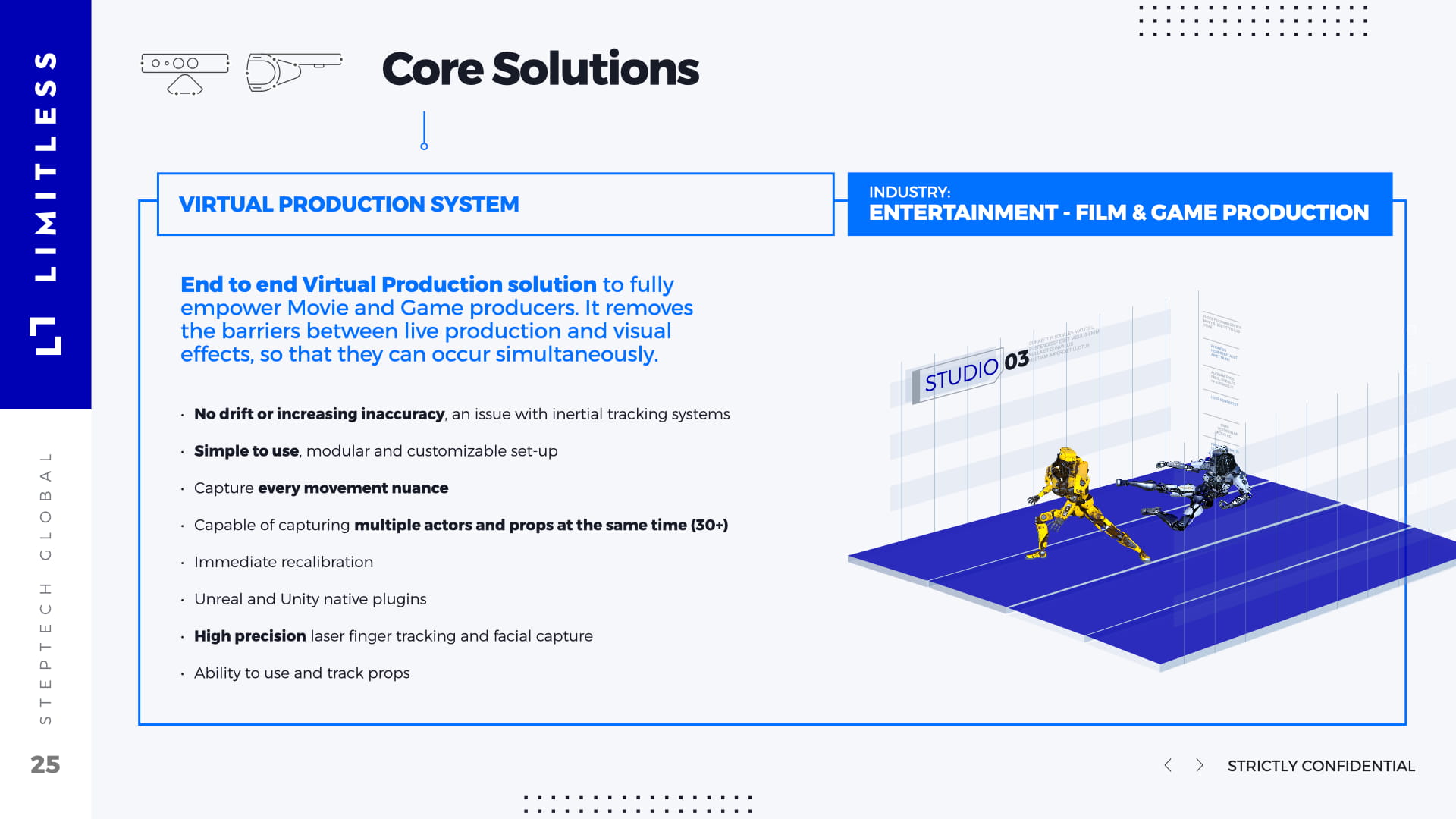 Virtual Production System slide for Entertainment Film and Game Production industry featuring isometric illustration of Studio 03 with yellow and gray robot characters on capture stage, listing benefits including no drift, simple modular setup, capture of 30+ actors simultaneously, Unreal and Unity plugins, and high precision finger tracking