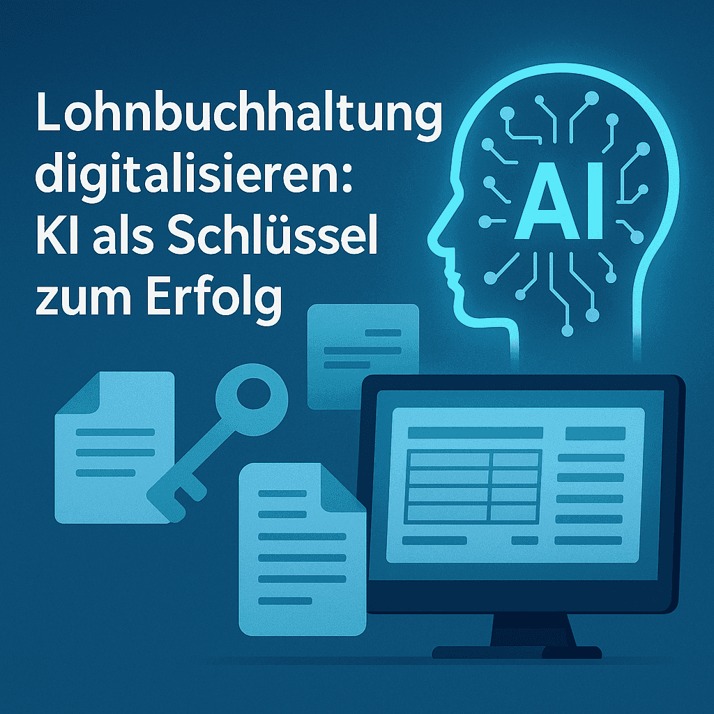 Illustration zur Digitalisierung der Lohnbuchhaltung: Ein Computer mit digitalen Dokumenten und Schlüsselsymbolen steht neben einem stilisierten KI-Kopf mit ‚AI‘-Schriftzug auf blauem Hintergrund – Symbol für KI-gestützte, digitale Gehaltsabrechnung.