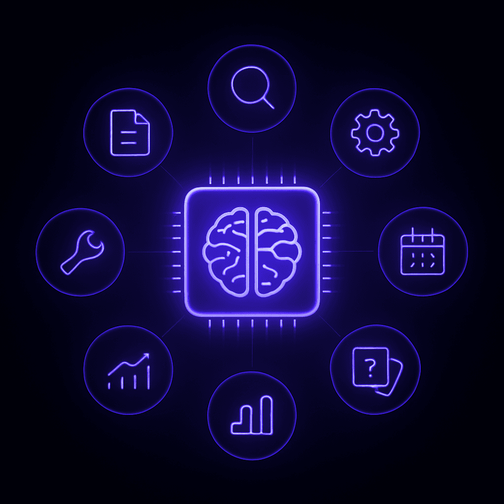AI brain at center with seven orbiting icons depicting review, prompts, spaced repetition, analytics, and export
