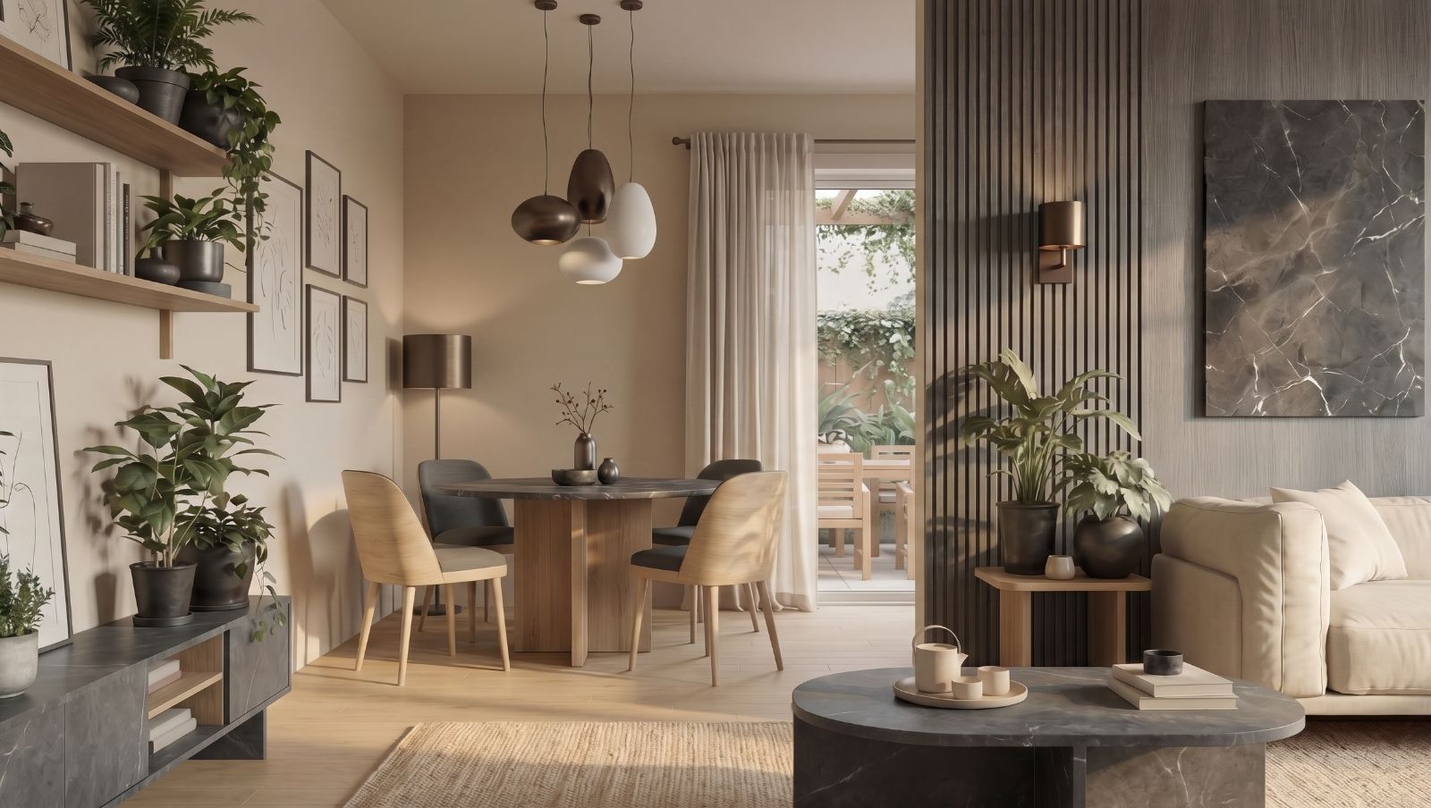 Rendering del moderno soggiorno open space con sala da pranzo in un appartamento di nuova costruzione alle porte di Torino (Collegno), con grande vetrata su terrazzo vivibile e giardino vicino alla metro.