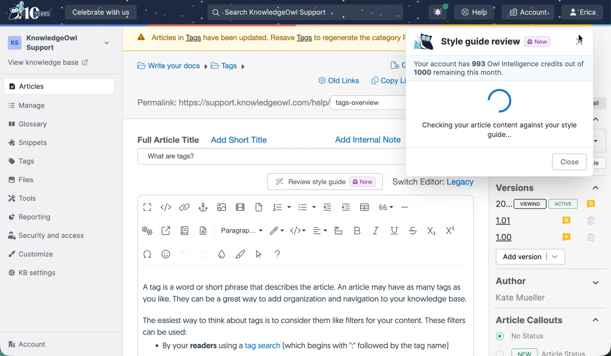 screenshot of KnowledgeOwl AI Style Guide review in progress