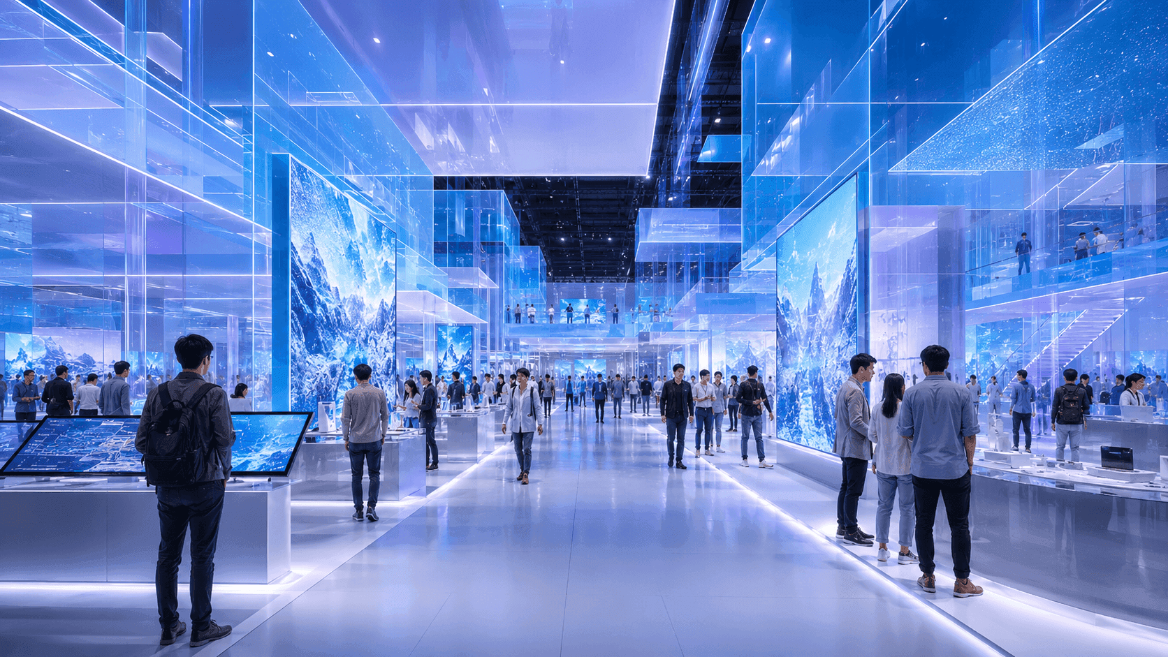 20x30 trade show booth rental in Las Vegas with demo counters, screen presentation, storage, meeting space, and visitor flow