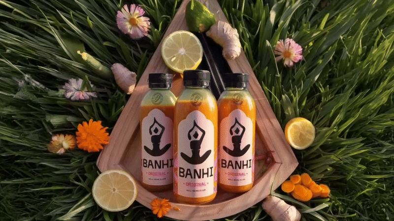Banhi functional beverage packaging using warm colors and ritual-led wellness cues