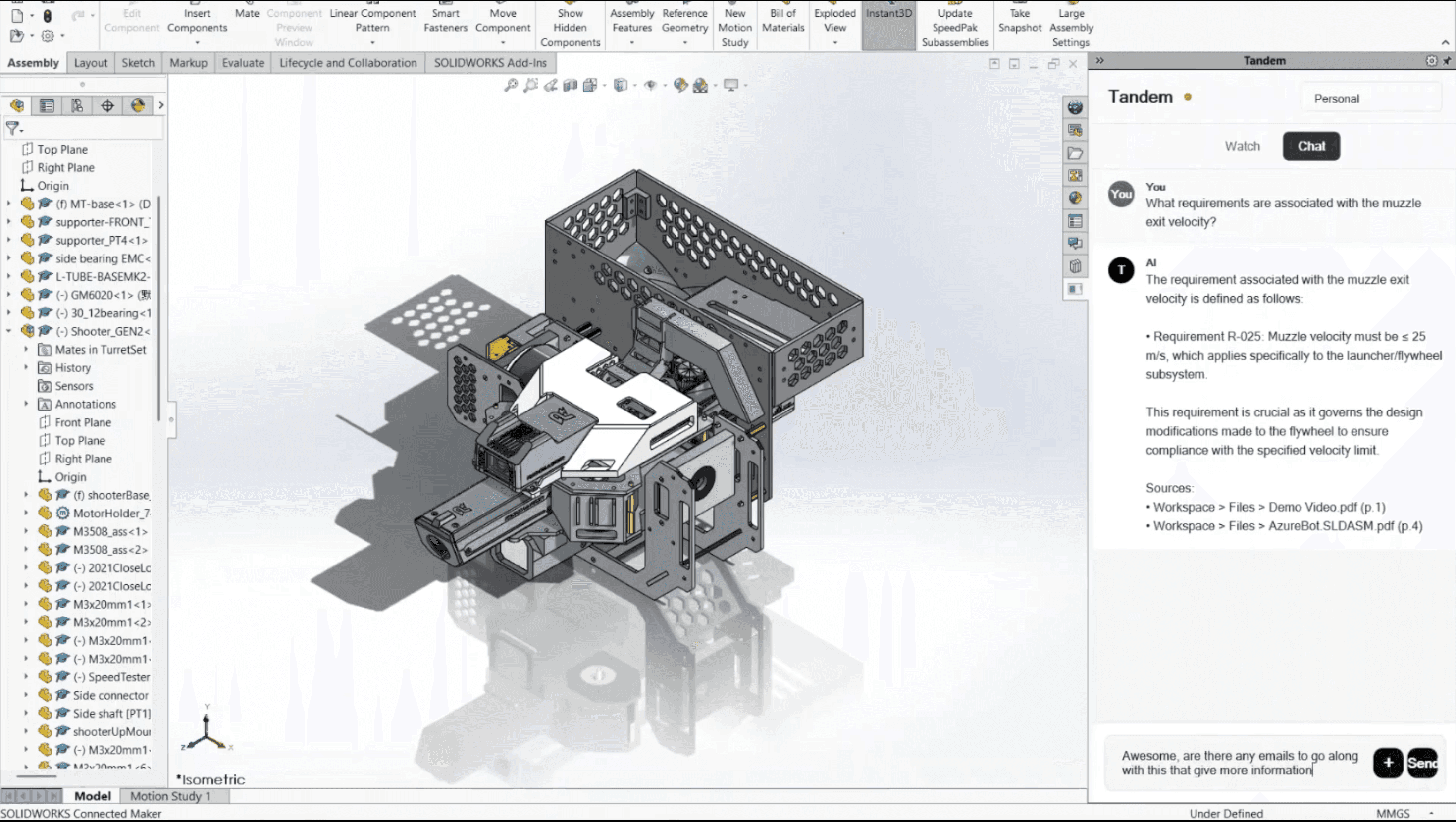 Computer screen displaying a SolidWorks 3D modeling interface, with an engineer designing a mechanical assembly. The center shows a detailed metallic and red component, while the right side features the Tandem Watch panel, including Tandem Docs and Tandem Assistant sections for enhanced documentation and design support. The left panel lists model components, and toolbars are visible at the top, highlighting a technical CAD workflow.