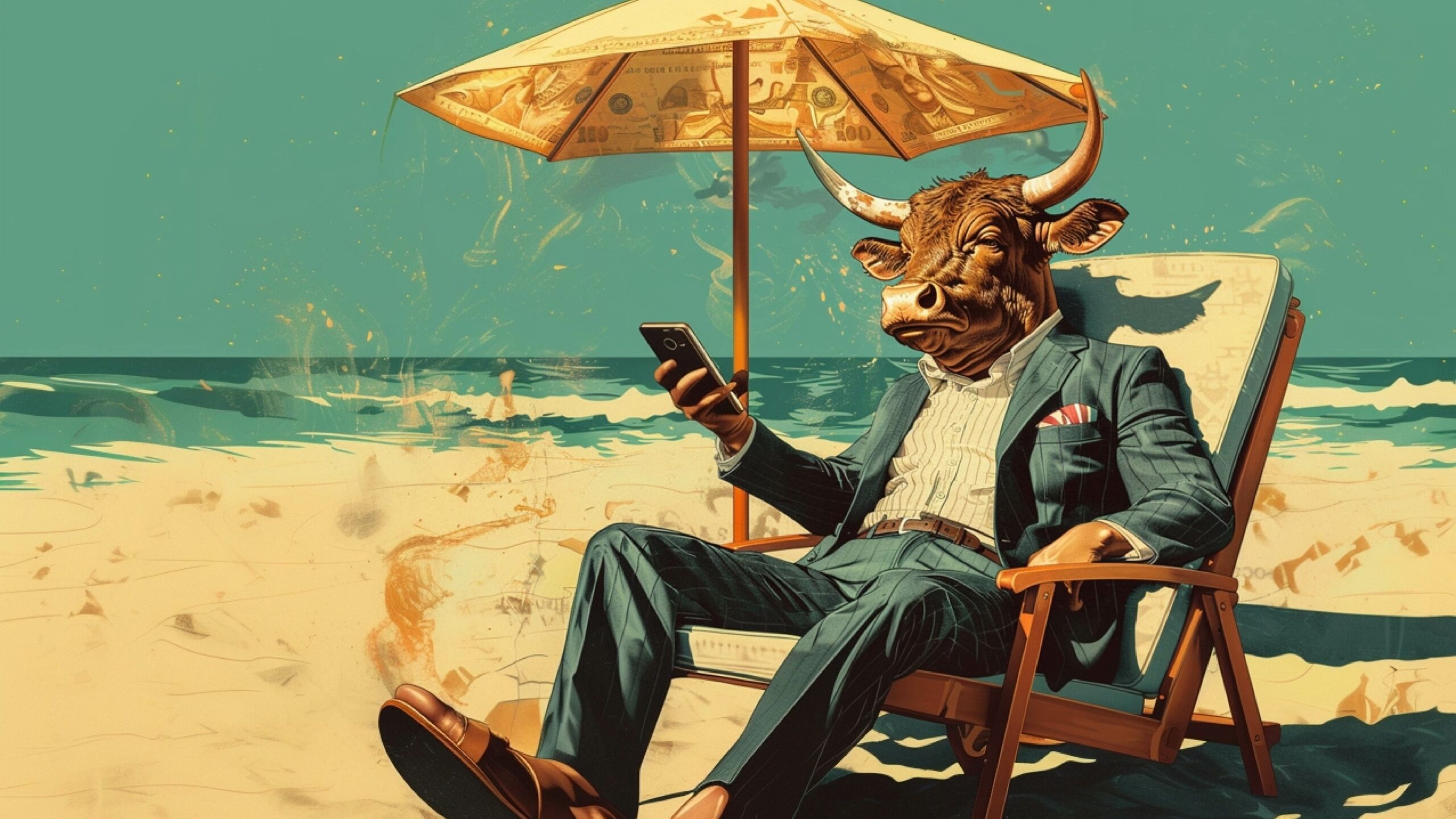 Actively Passive; No, Passively Active Cover Bull sitting in a beach chair under umbrella on beach