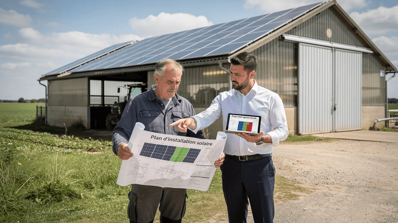 Un agriculteur consulte des plans d'installation de panneaux solaires avec un conseiller, devant un bâtiment agricole. Cette scène illustre l'intérêt croissant pour les énergies renouvelables et l'agrivoltaïsme, visant à optimiser la production agricole tout en intégrant des centrales photovoltaïques.