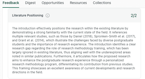 thesify feedback on literature positioning in a research paper introduction, showing a high score for identifying a clear research gap and articulating research aims.